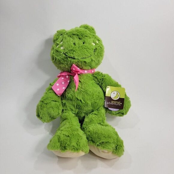 17" Animal Adventure Green Frog Pink Polka Dot Bow Plush - Picture 1 of 6
